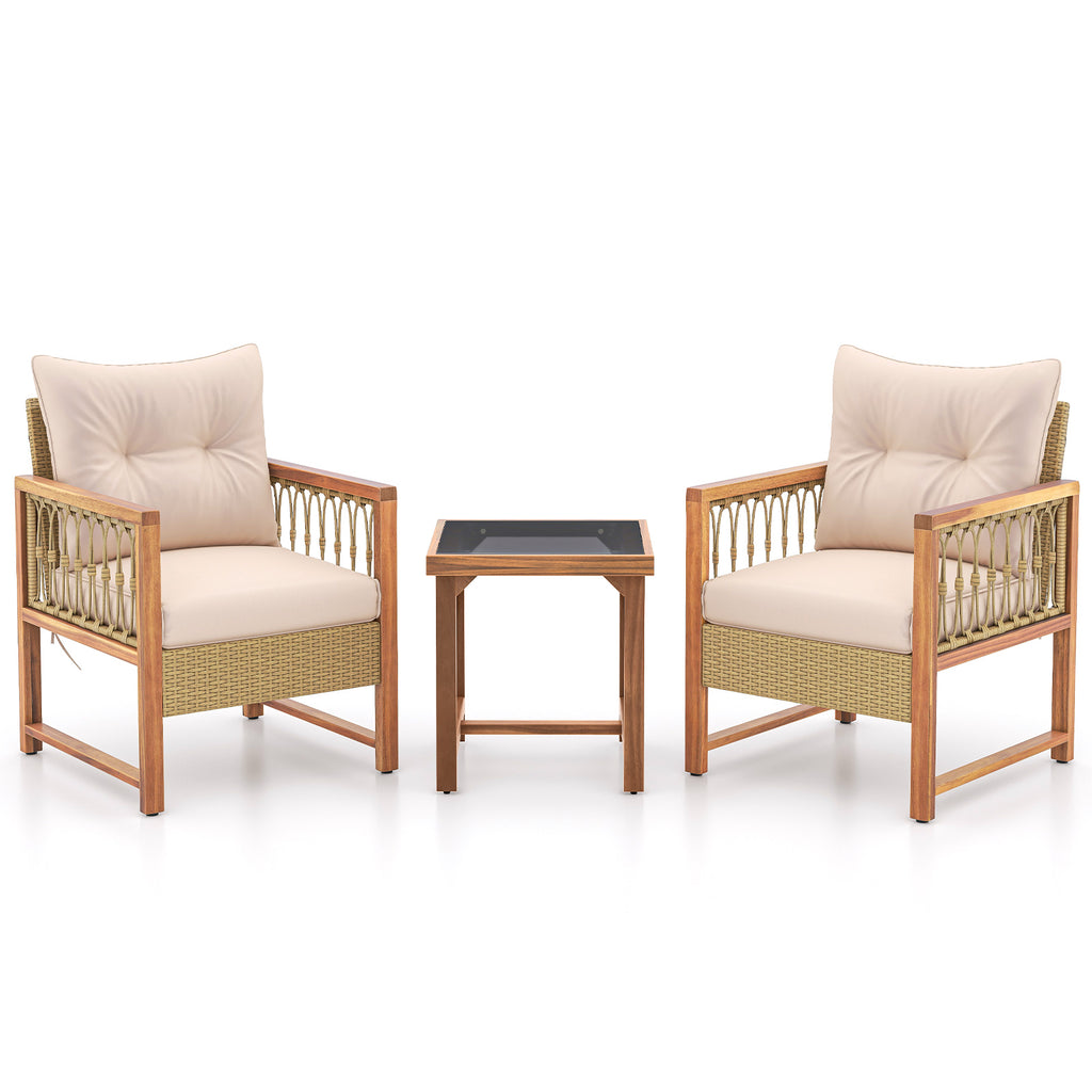 3-Piece Patio Furniture Set with Acacia Wood & Rattan - Brown