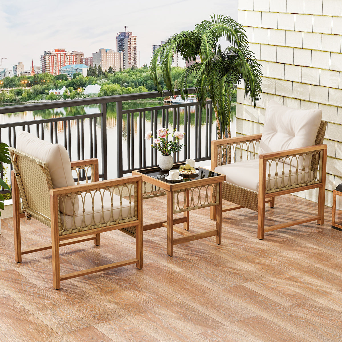 3-Piece Patio Furniture Set with Acacia Wood & Rattan - Brown