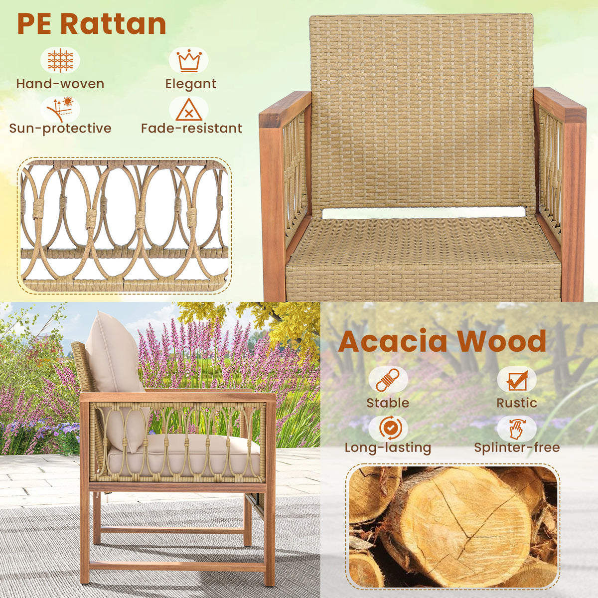 3-Piece Patio Furniture Set with Acacia Wood & Rattan - Brown