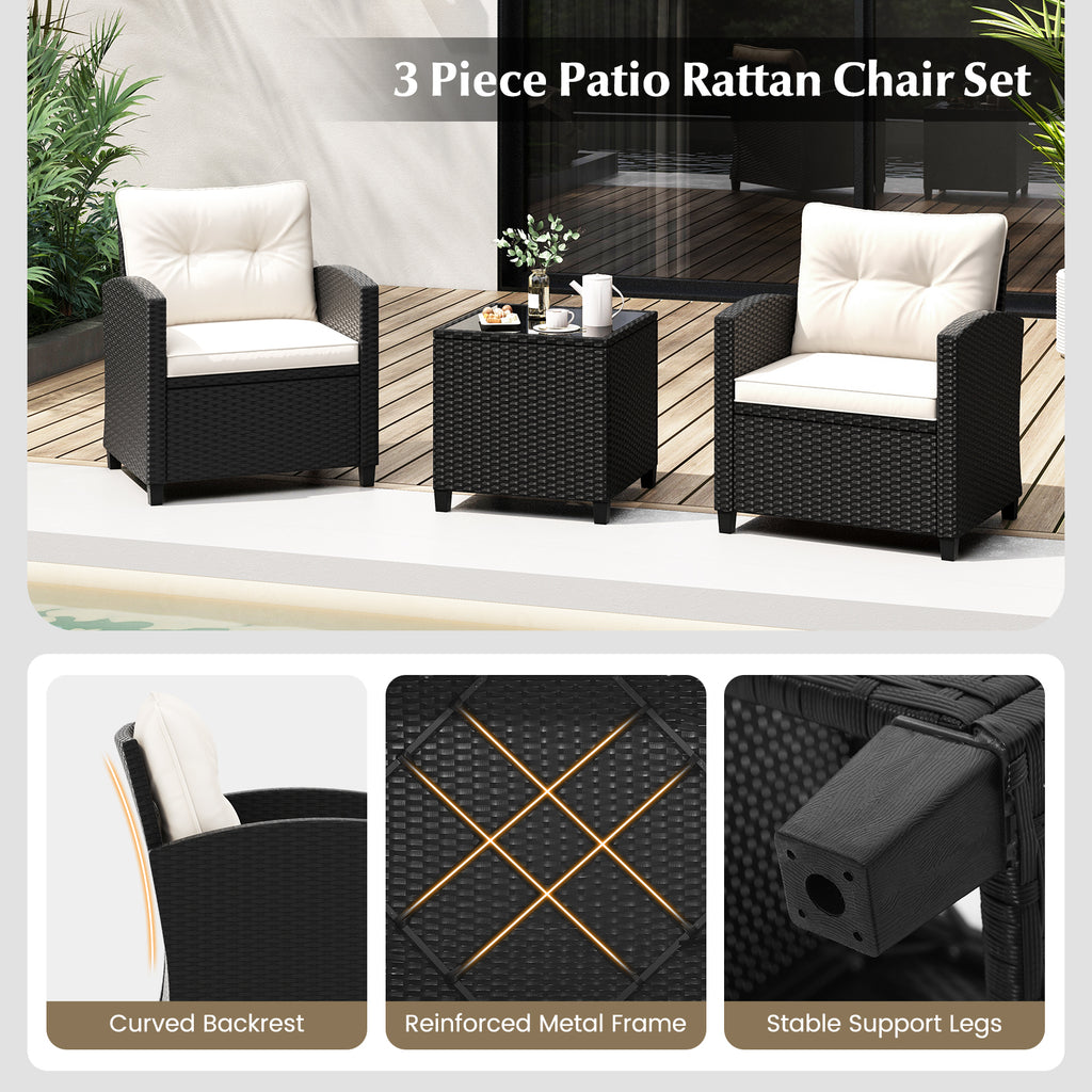 3 Pieces Patio Furniture Set with Tempered Glass Coffee Table