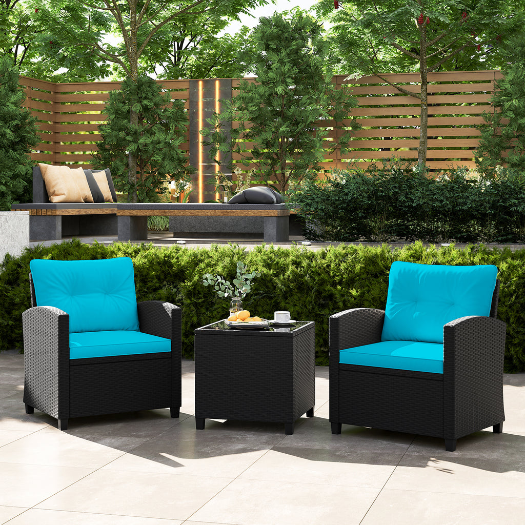 3 Pieces Patio Furniture Set with Tempered Glass Coffee Table