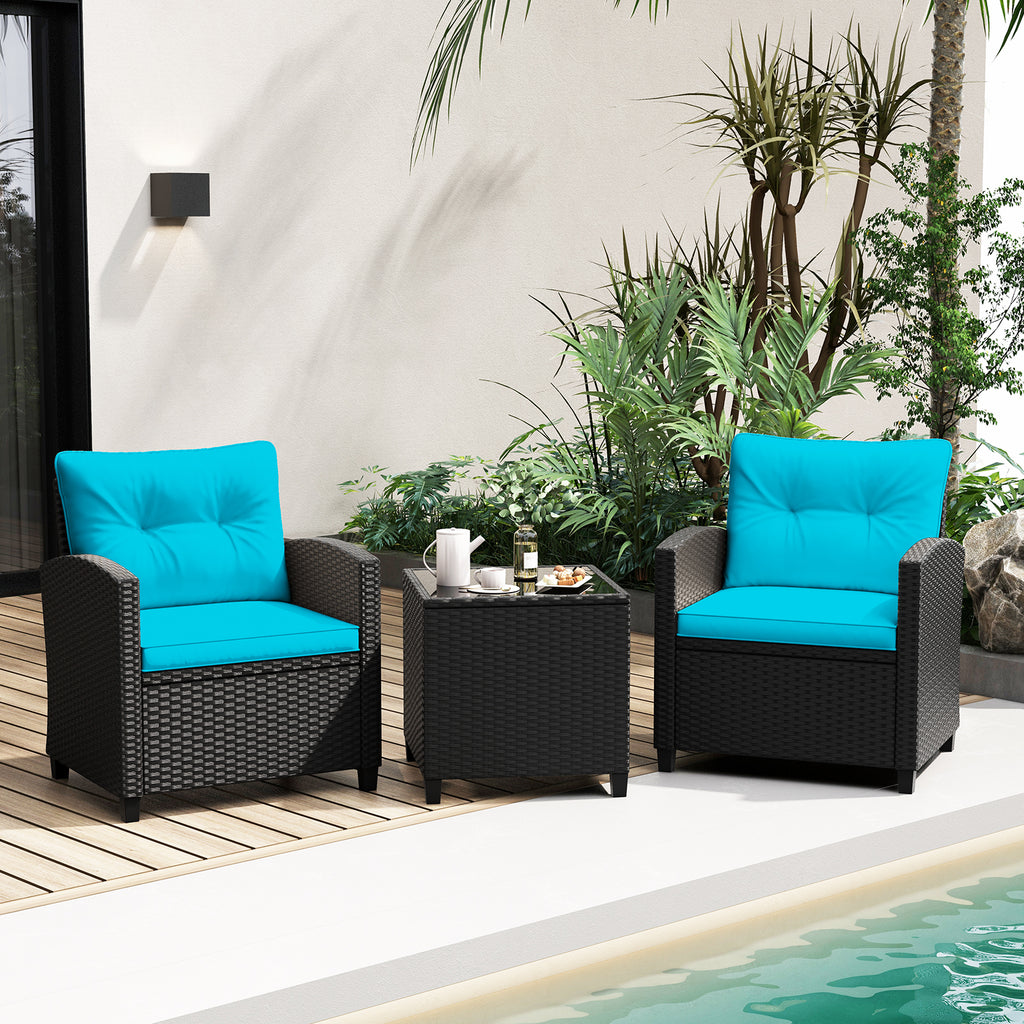 3 Pieces Patio Furniture Set with Tempered Glass Coffee Table