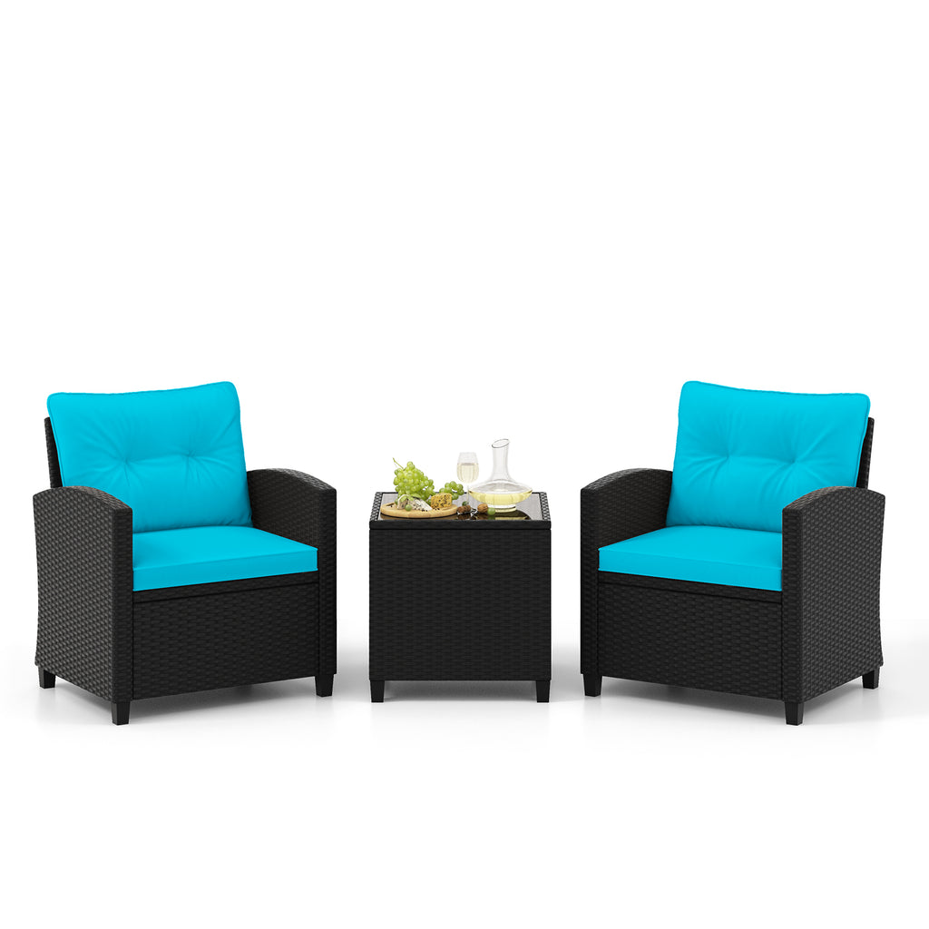 3 Pieces Patio Furniture Set with Tempered Glass Coffee Table