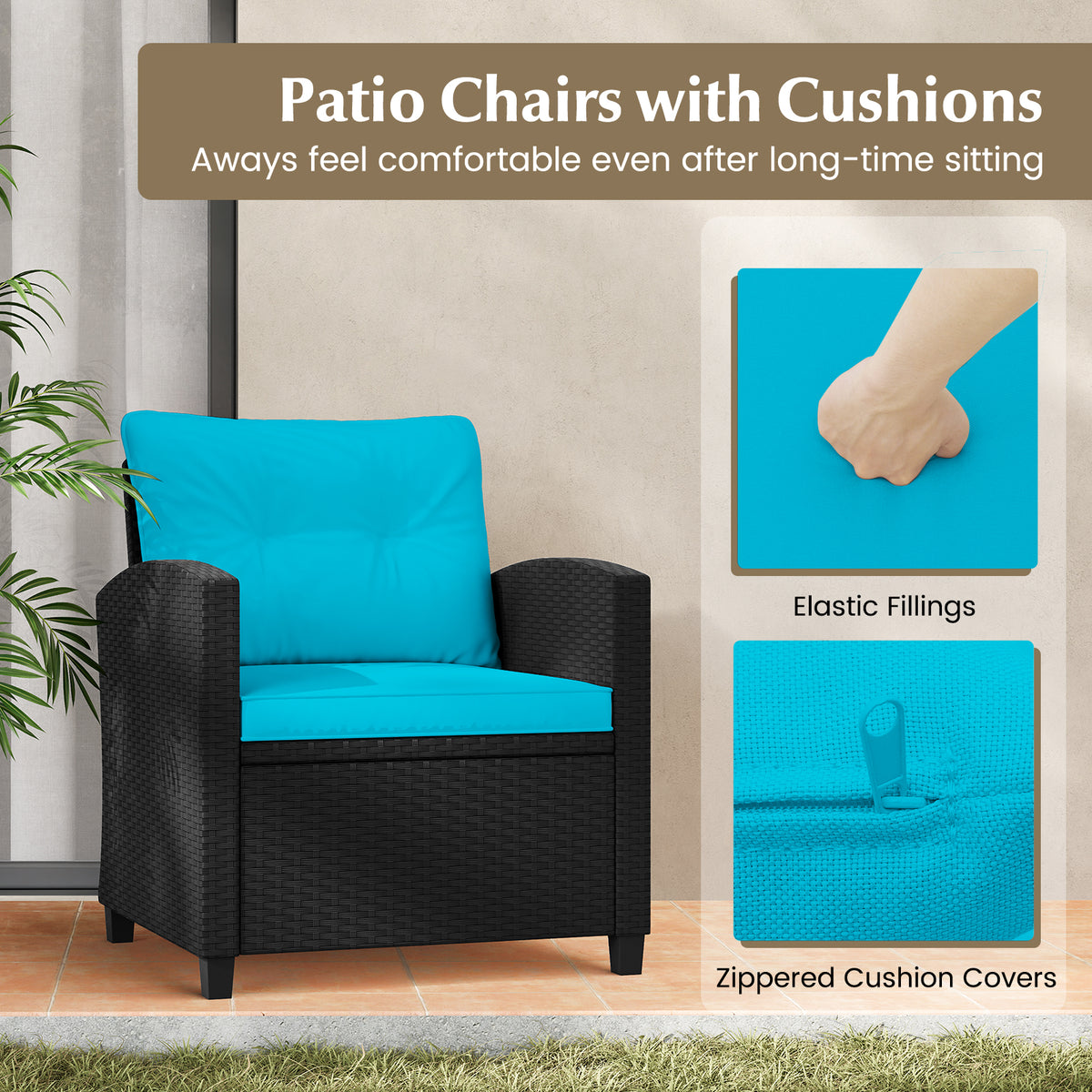 3 Pieces Patio Furniture Set with Tempered Glass Coffee Table