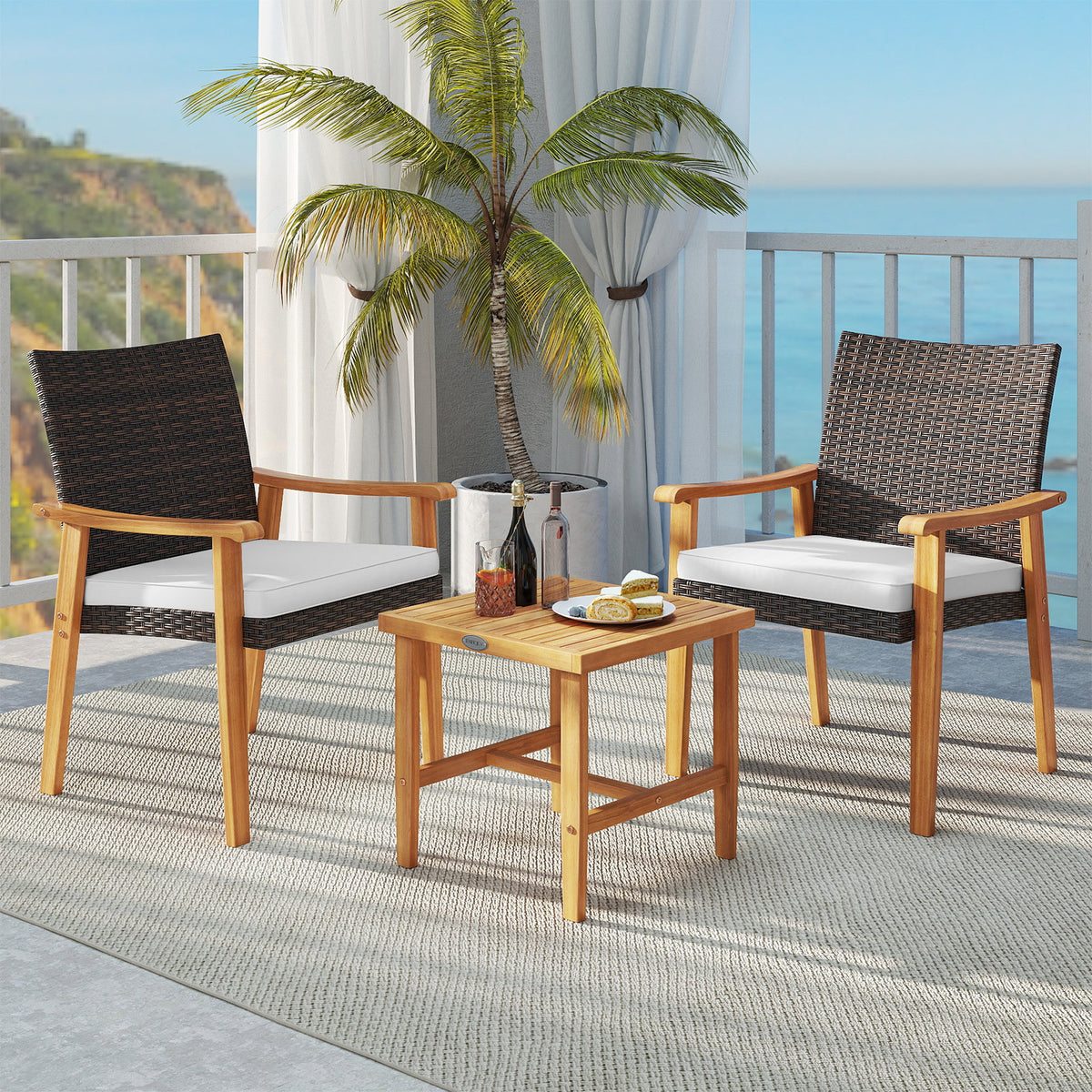 3-Piece Patio Conversation Set with Cushions - White