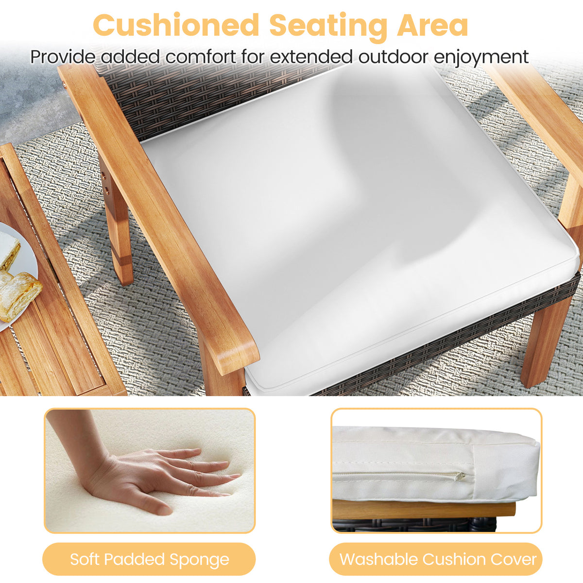 3-Piece Patio Conversation Set with Cushions - White