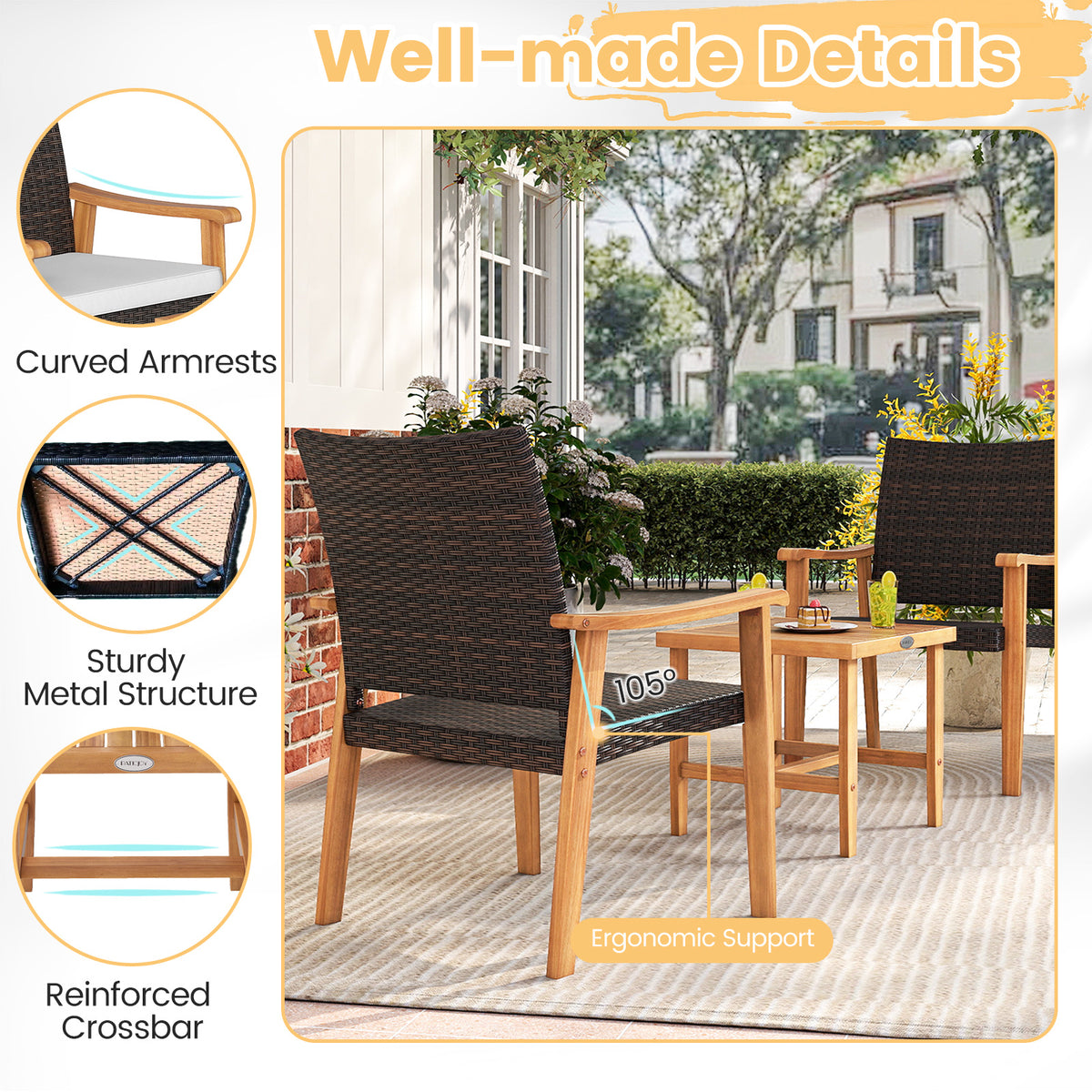 3-Piece Patio Conversation Set with Cushions - White