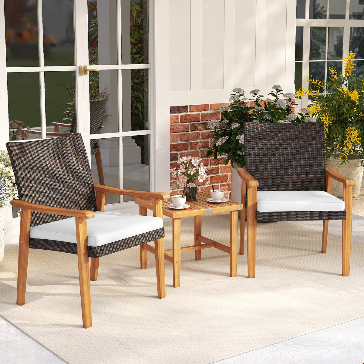 3-Piece Patio Conversation Set with Cushions - White