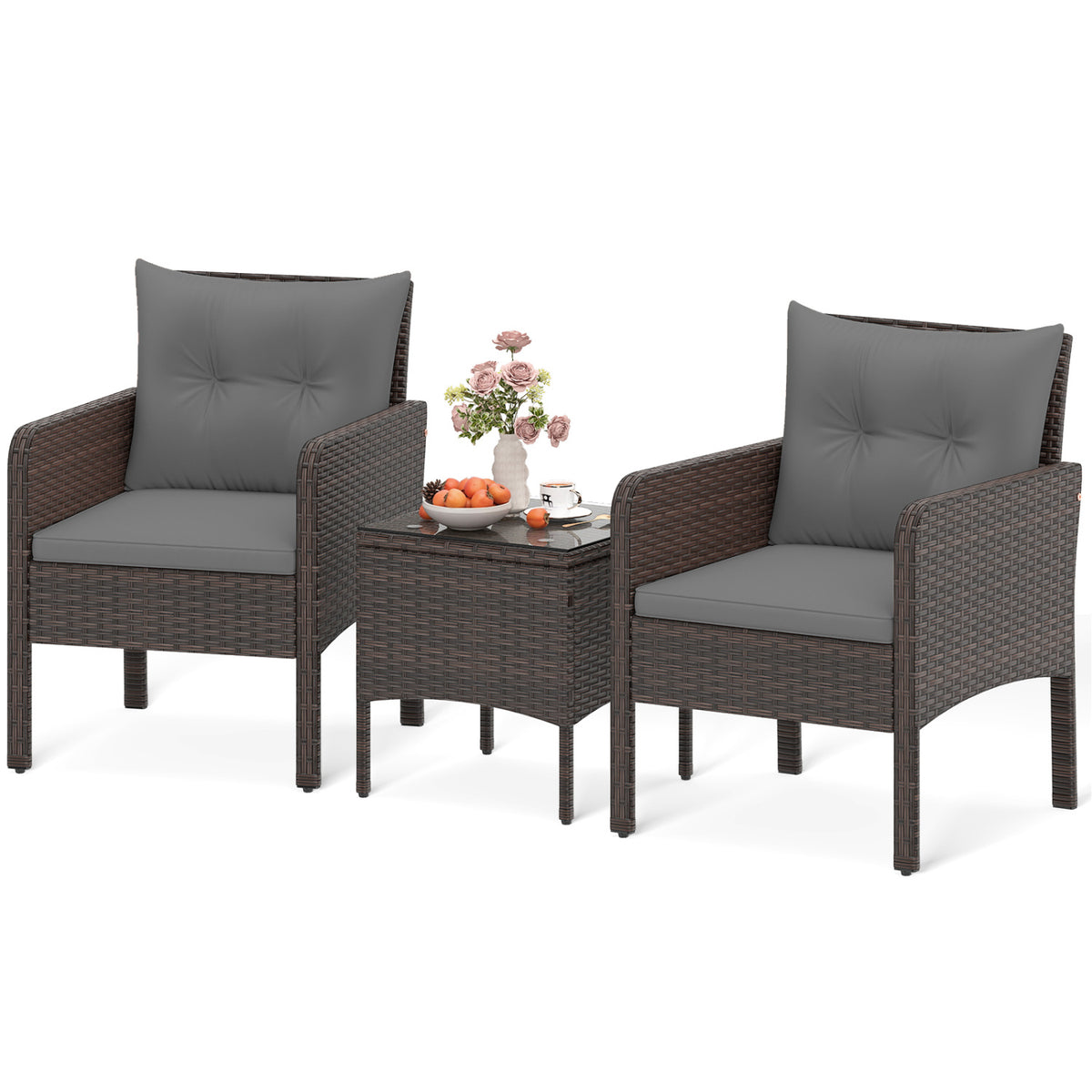 3 Pieces Patio PE Wicker Furniture Set with Cushions for Porch and