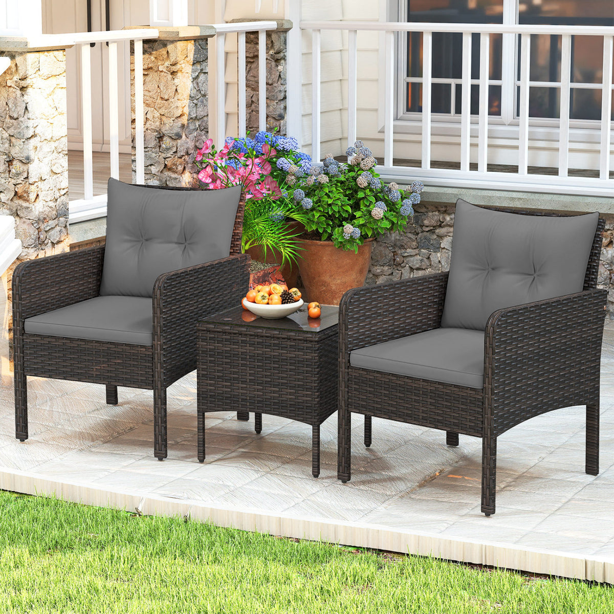 3 Pieces Patio PE Wicker Furniture Set with Cushions for Porch and