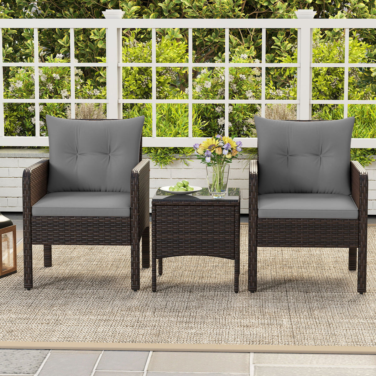 3 Pieces Patio PE Wicker Furniture Set with Cushions for Porch and