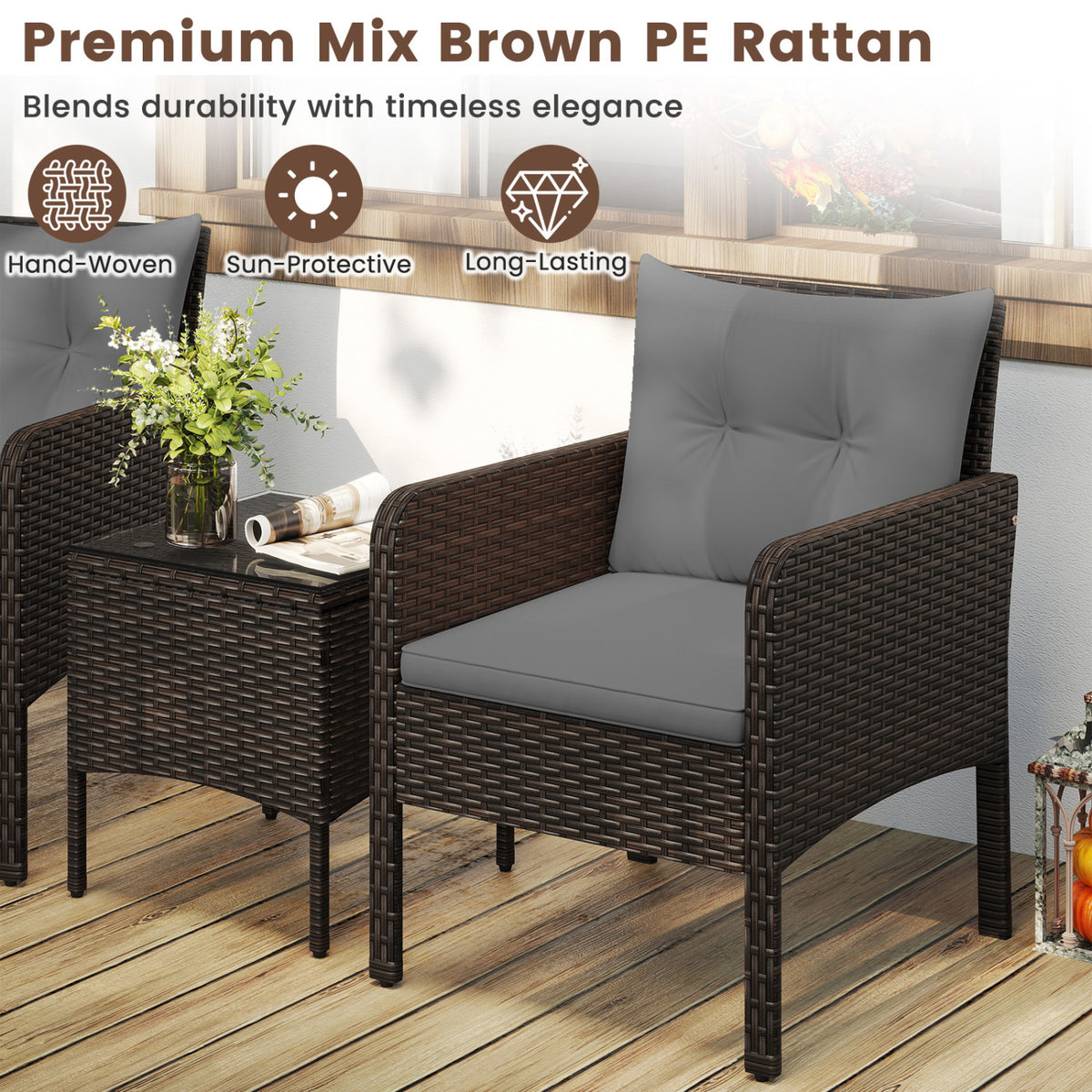 3 Pieces Patio PE Wicker Furniture Set with Cushions for Porch and