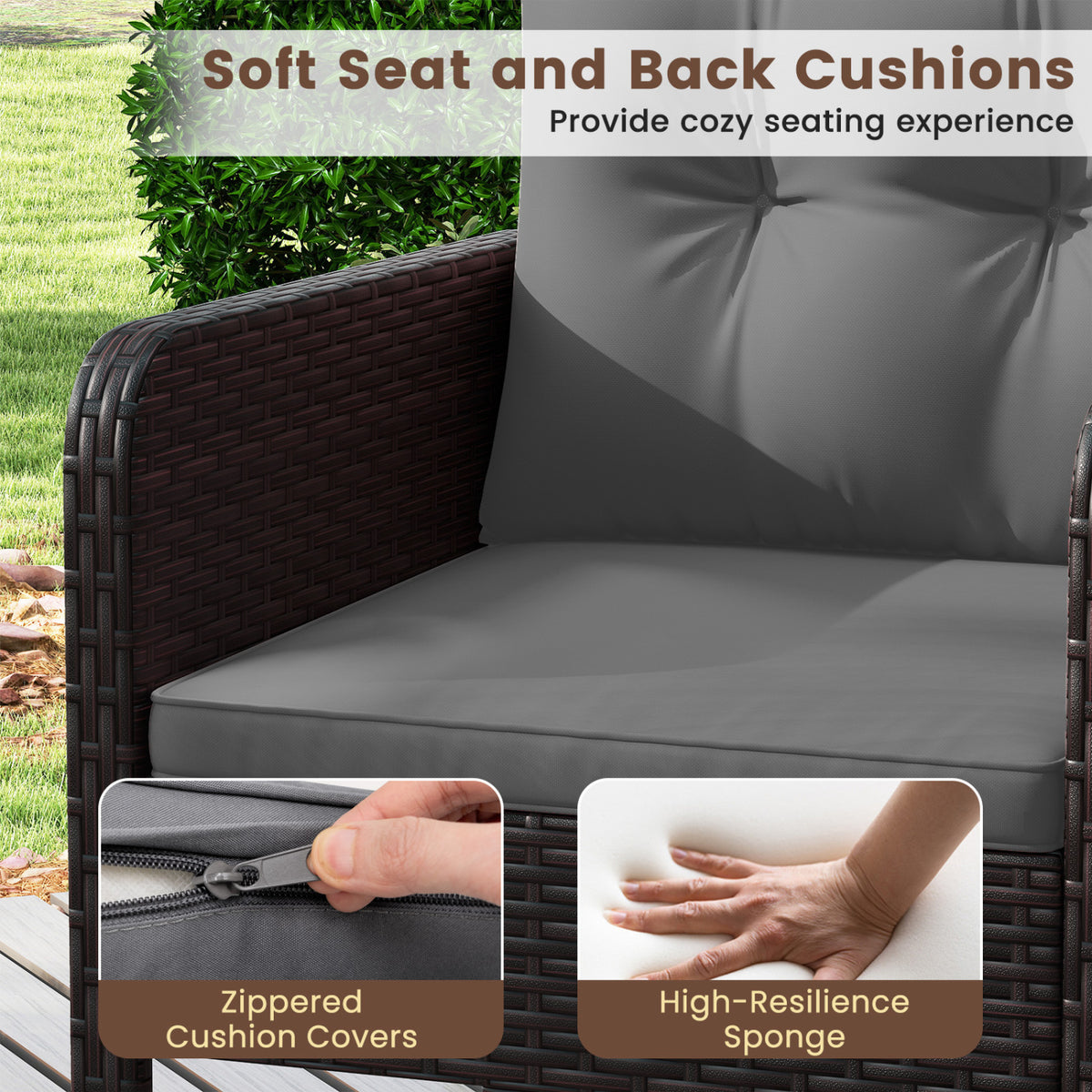 3 Pieces Patio PE Wicker Furniture Set with Cushions for Porch and
