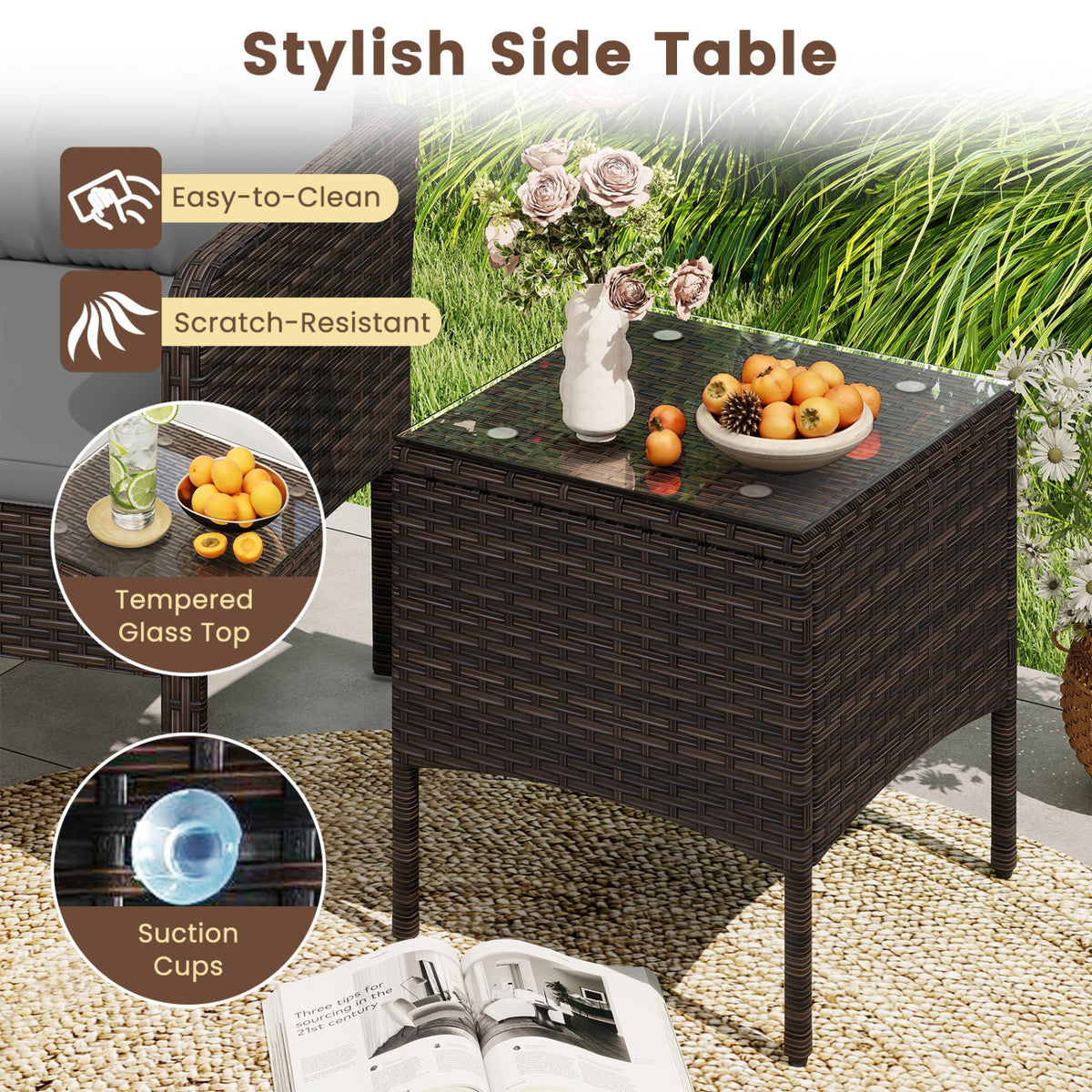 3 Pieces Patio PE Wicker Furniture Set with Cushions for Porch and