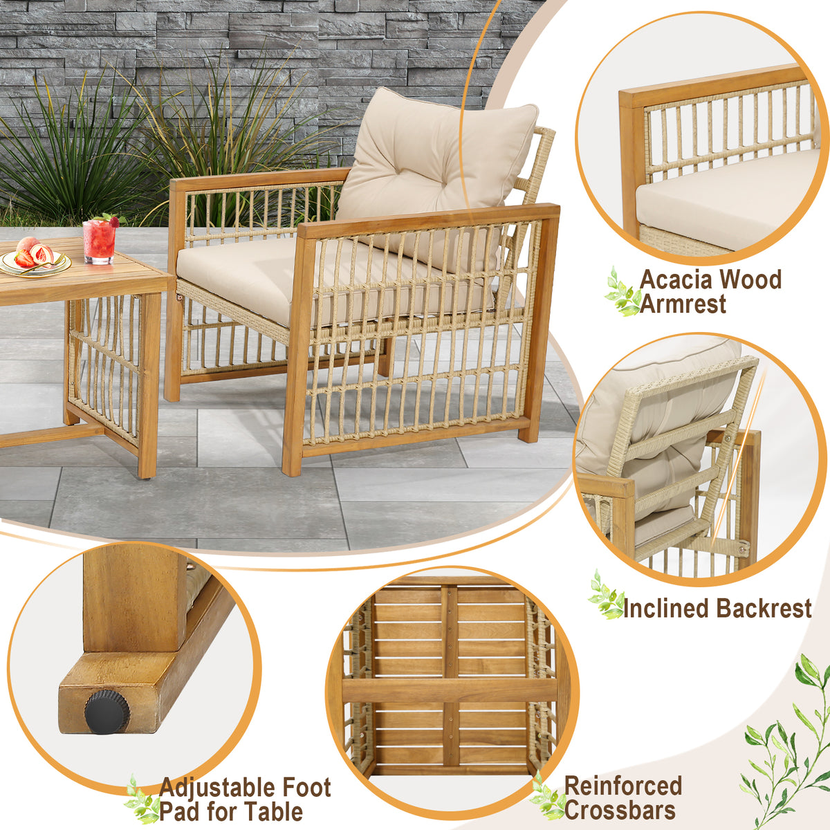 3 Pieces Patio PE Wicker Conversation Set with Acacia Wood Frame and
