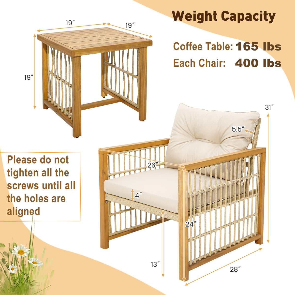 3 Pieces Patio PE Wicker Conversation Set with Acacia Wood Frame and
