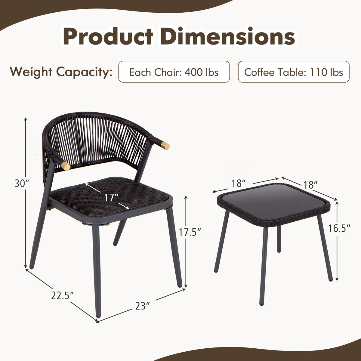 3 Pieces Patio Rattan Furniture Set with Tempered Glass Tabletop for