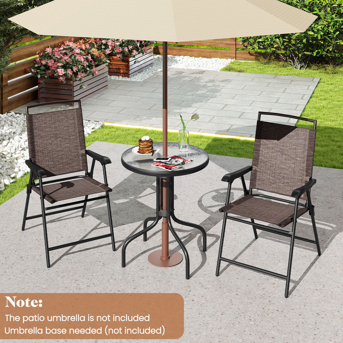 3 Pieces Patio Round Table and Folding Chairs Set with Rippled