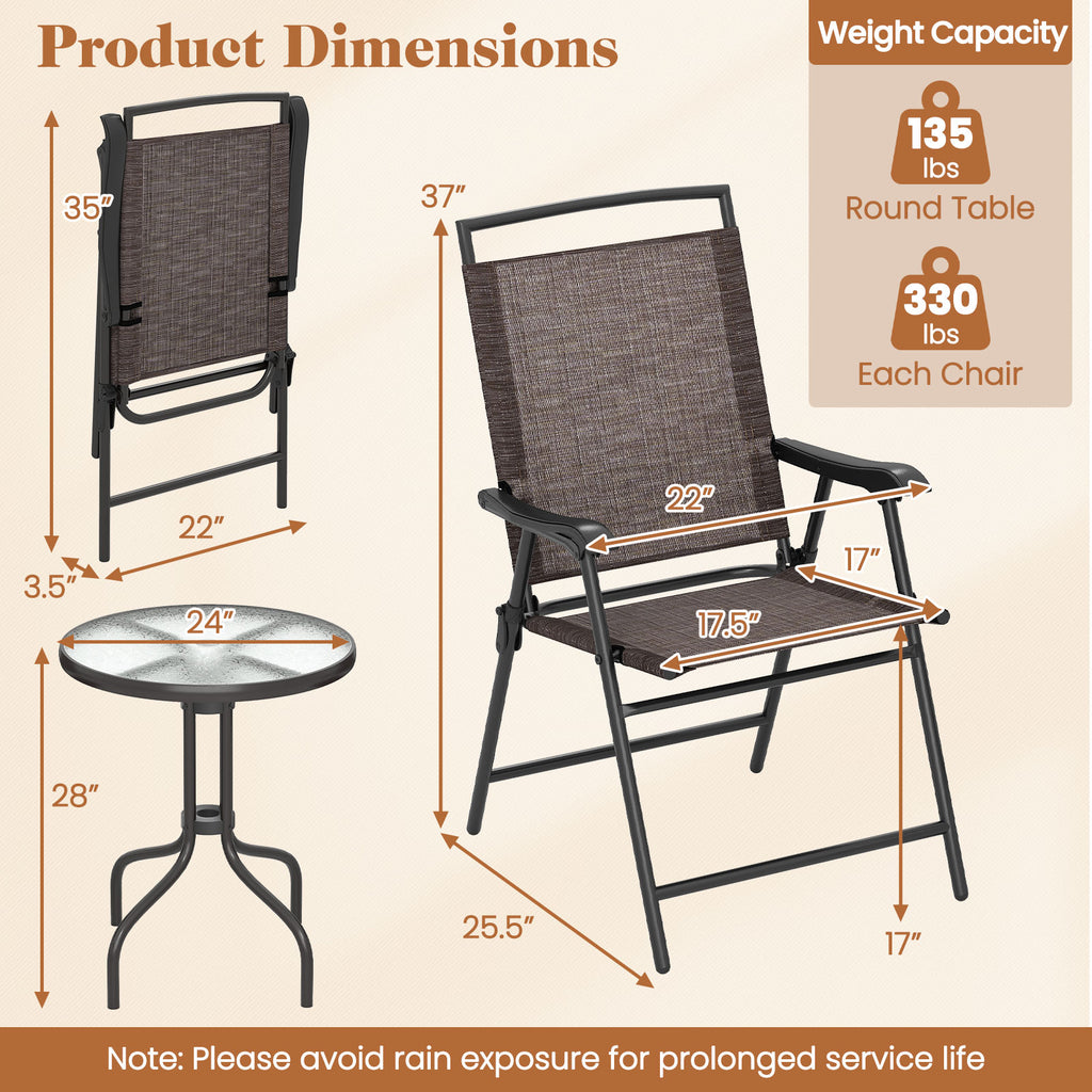 3 Pieces Patio Round Table and Folding Chairs Set with Rippled