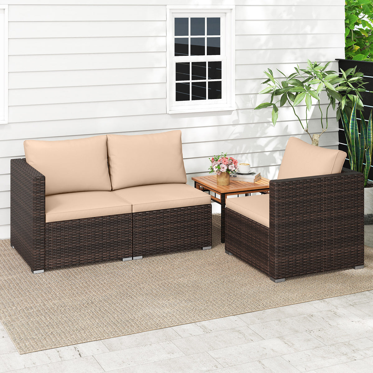 3-Piece Outdoor Sectional Sofa Set - Mix Brown, Beige