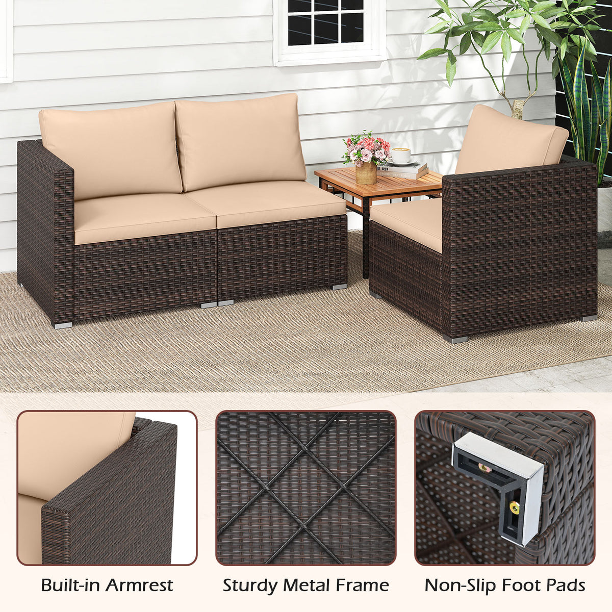 3-Piece Outdoor Sectional Sofa Set - Mix Brown, Beige