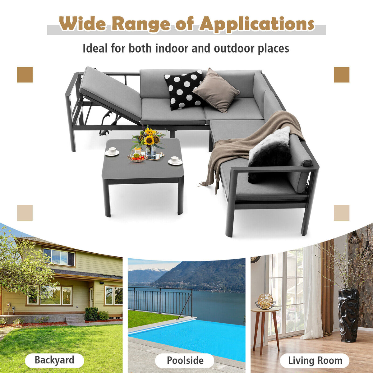 3 Pieces Aluminum Patio Furniture Set with 6-Level Adjustable Backrest
