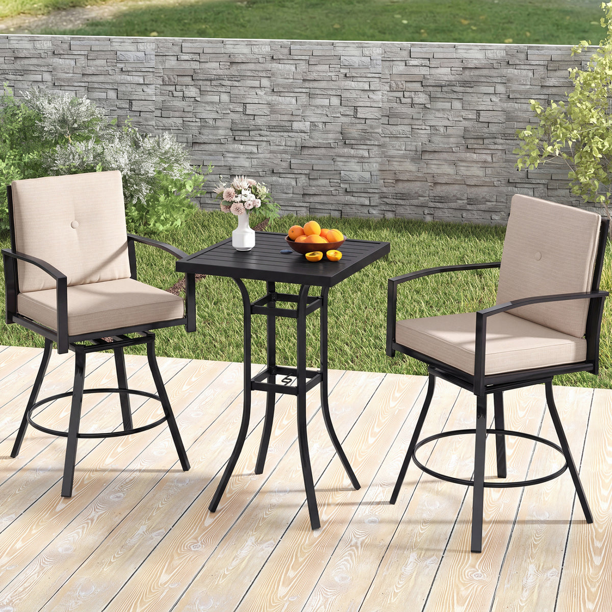 3-Piece Patio Bar Set with Swivel Stools, Cushions & Umbrella Hole - Beige