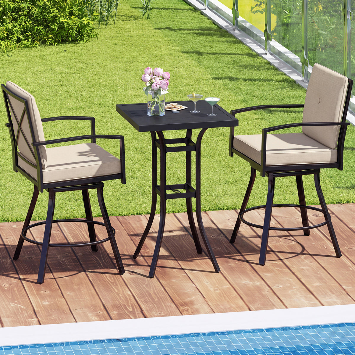 3-Piece Patio Bar Set with Swivel Stools, Cushions & Umbrella Hole - Beige