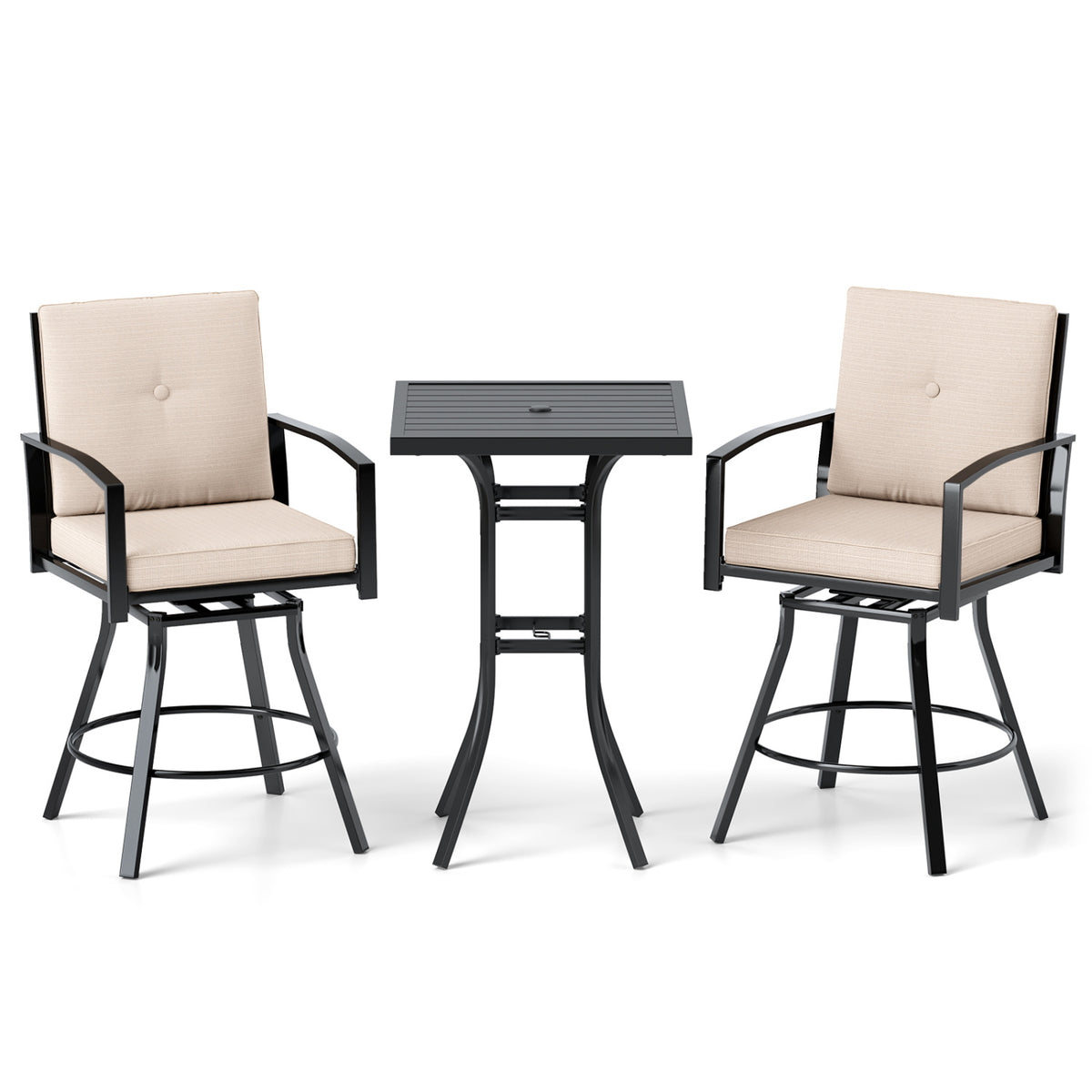 3-Piece Patio Bar Set with Swivel Stools, Cushions & Umbrella Hole - Beige