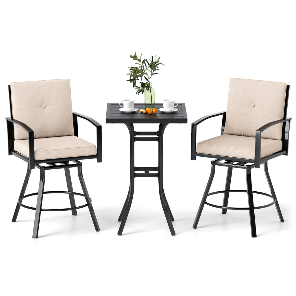 3-Piece Patio Bar Set with Swivel Stools, Cushions & Umbrella Hole - Beige