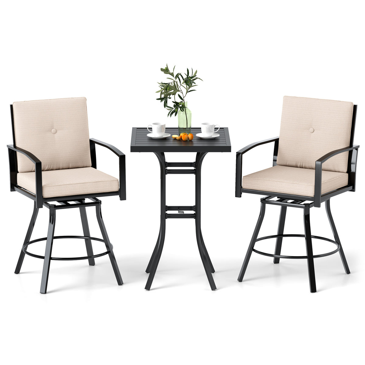 3-Piece Patio Bar Set with Swivel Stools, Cushions & Umbrella Hole - Beige