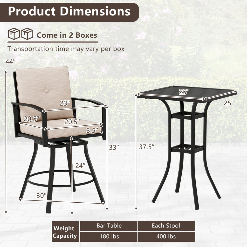 3-Piece Patio Bar Set with Swivel Stools, Cushions & Umbrella Hole - Beige