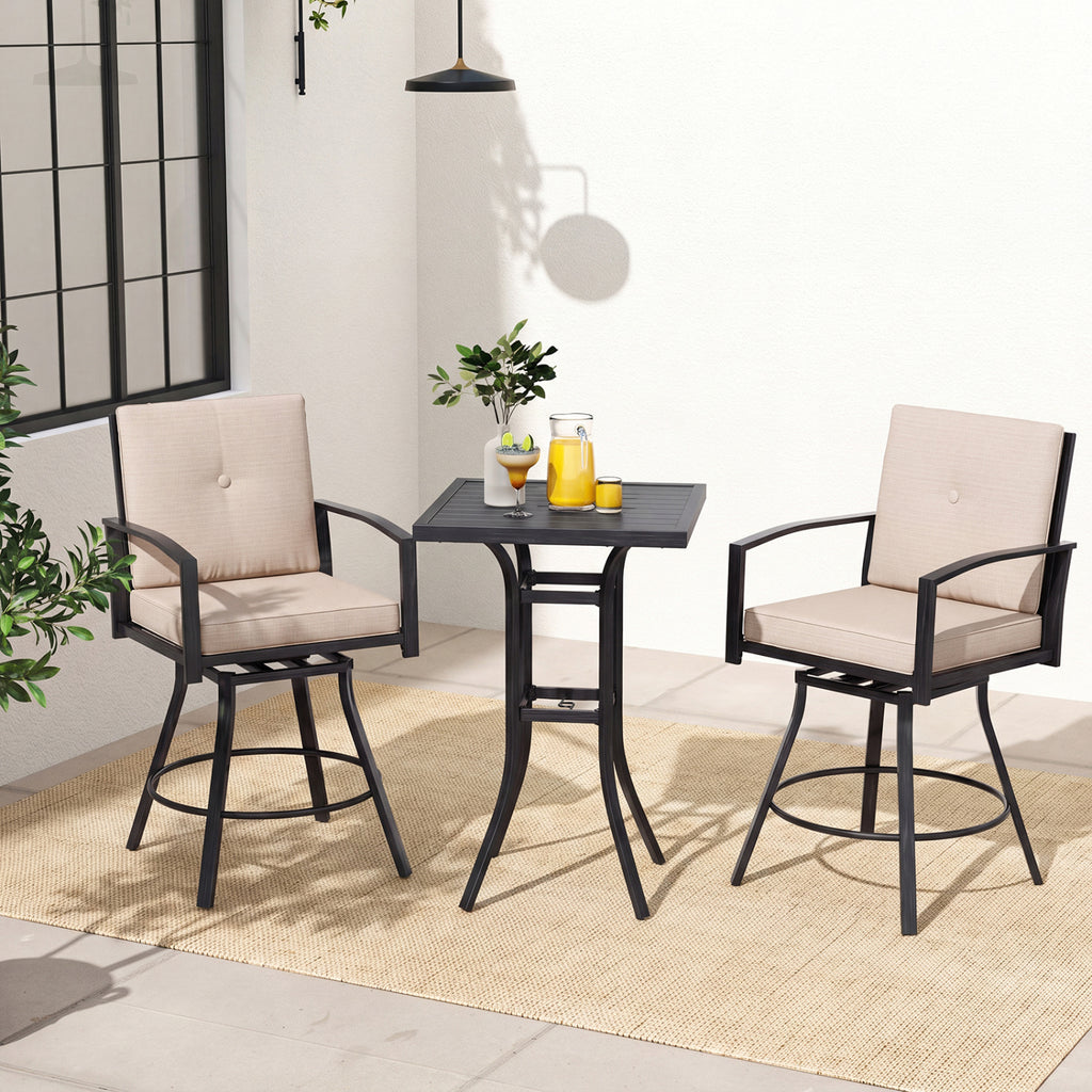 3-Piece Patio Bar Set with Swivel Stools, Cushions & Umbrella Hole - Beige