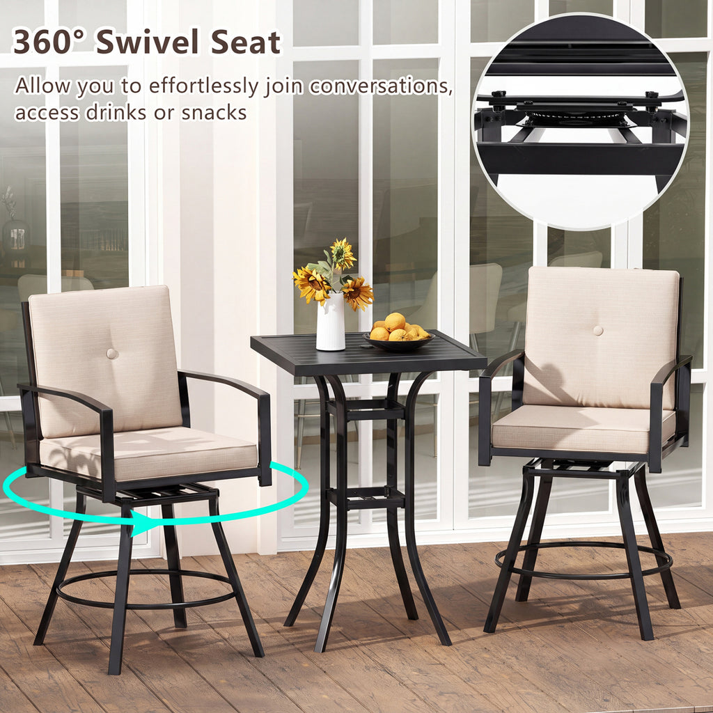 3-Piece Patio Bar Set with Swivel Stools, Cushions & Umbrella Hole - Beige