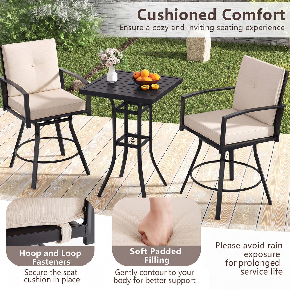 3-Piece Patio Bar Set with Swivel Stools, Cushions & Umbrella Hole - Beige