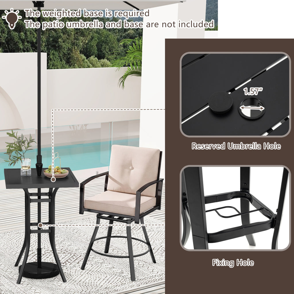 3-Piece Patio Bar Set with Swivel Stools, Cushions & Umbrella Hole - Beige