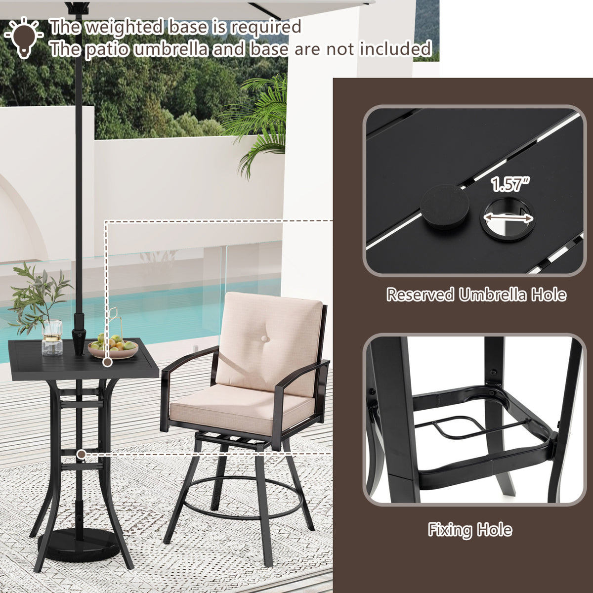 3-Piece Patio Bar Set with Swivel Stools, Cushions & Umbrella Hole - Beige