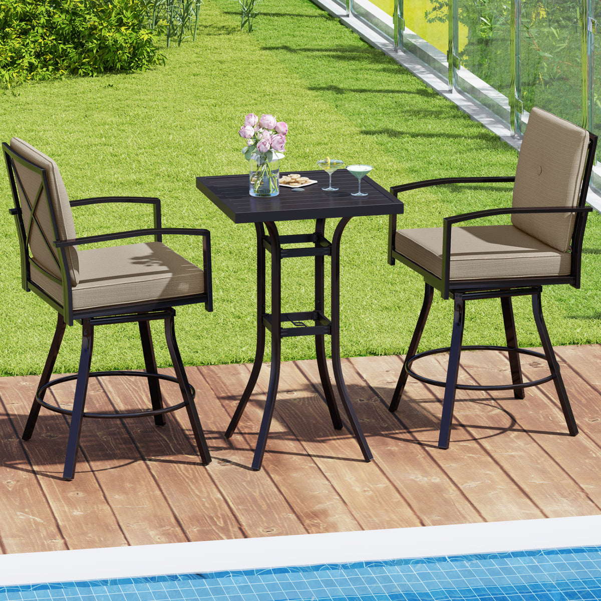 3 Pieces Patio Swivel Bar Set with Soft Cushions and Umbrella Hole