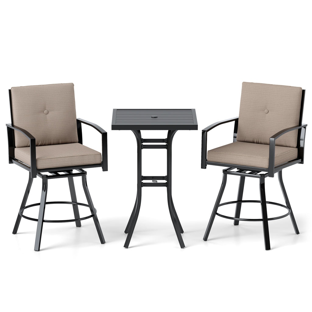 3 Pieces Patio Swivel Bar Set with Soft Cushions and Umbrella Hole