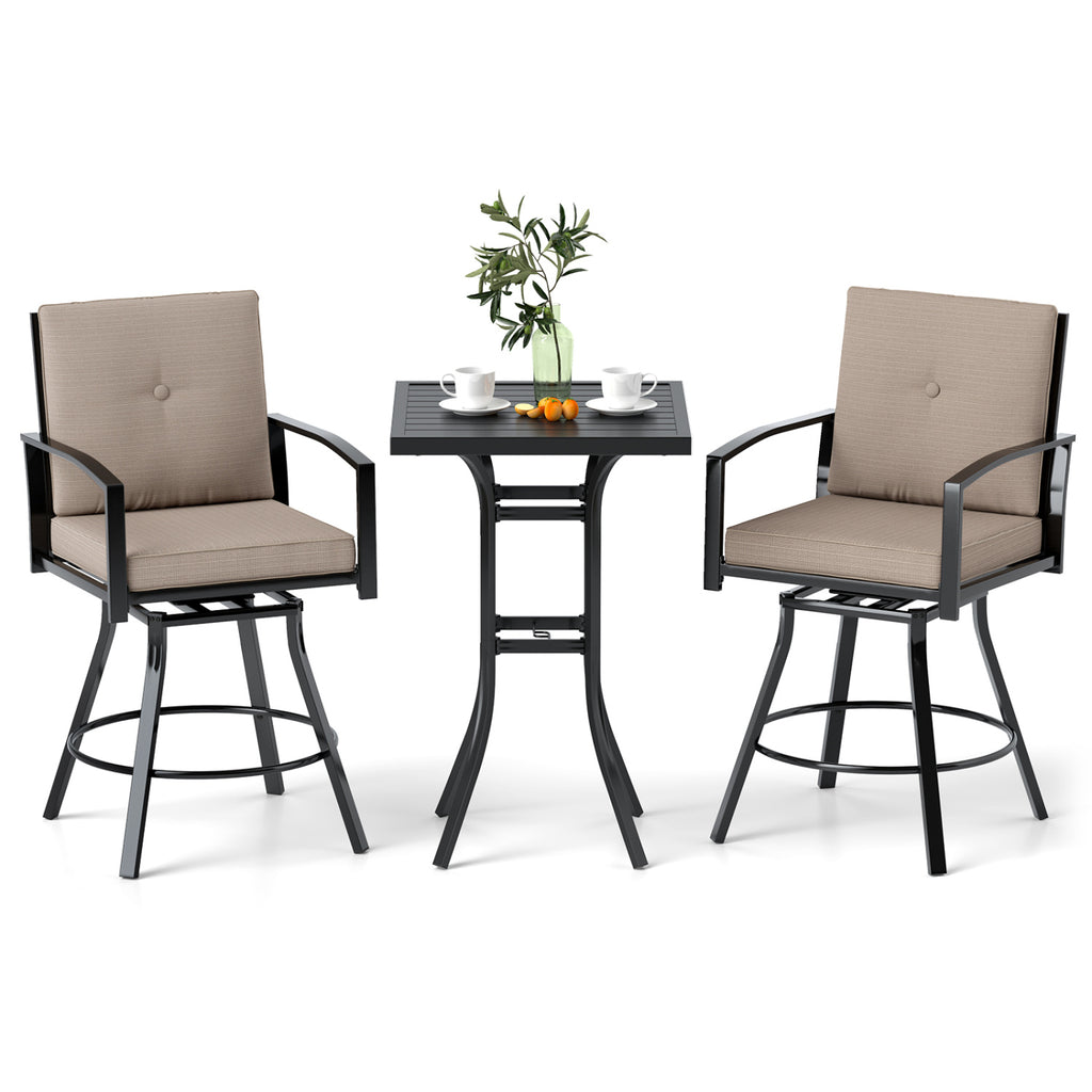 3 Pieces Patio Swivel Bar Set with Soft Cushions and Umbrella Hole