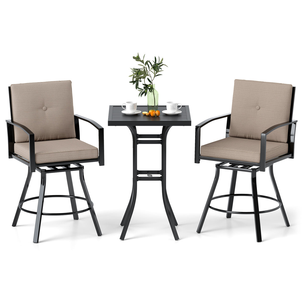 3 Pieces Patio Swivel Bar Set with Soft Cushions and Umbrella Hole