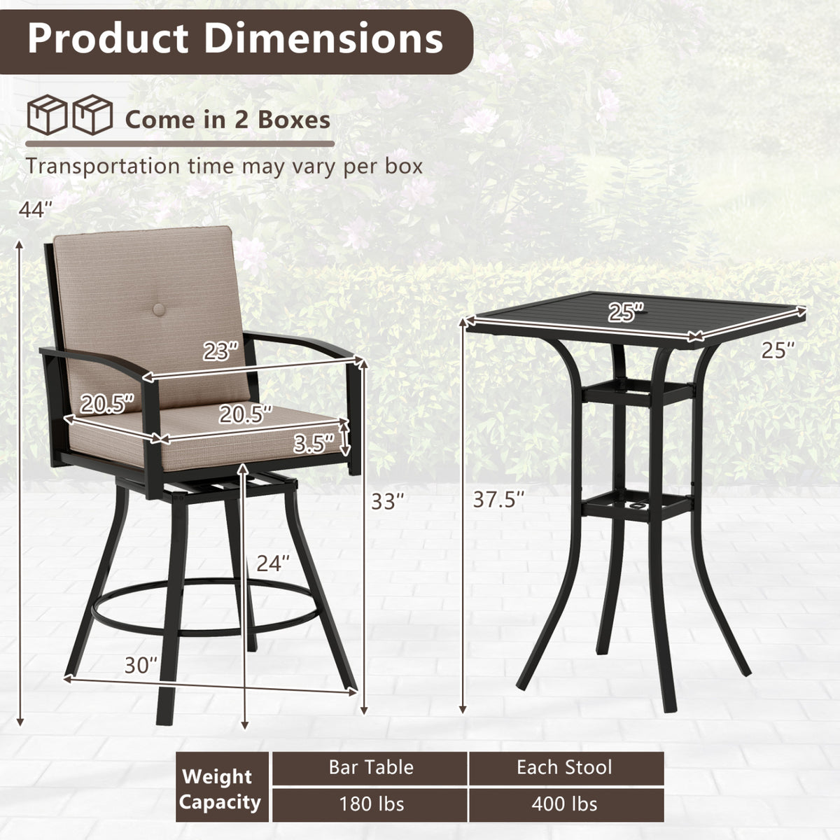 3 Pieces Patio Swivel Bar Set with Soft Cushions and Umbrella Hole