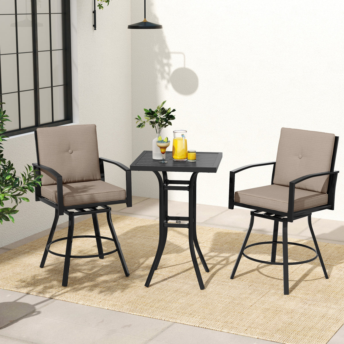 3 Pieces Patio Swivel Bar Set with Soft Cushions and Umbrella Hole