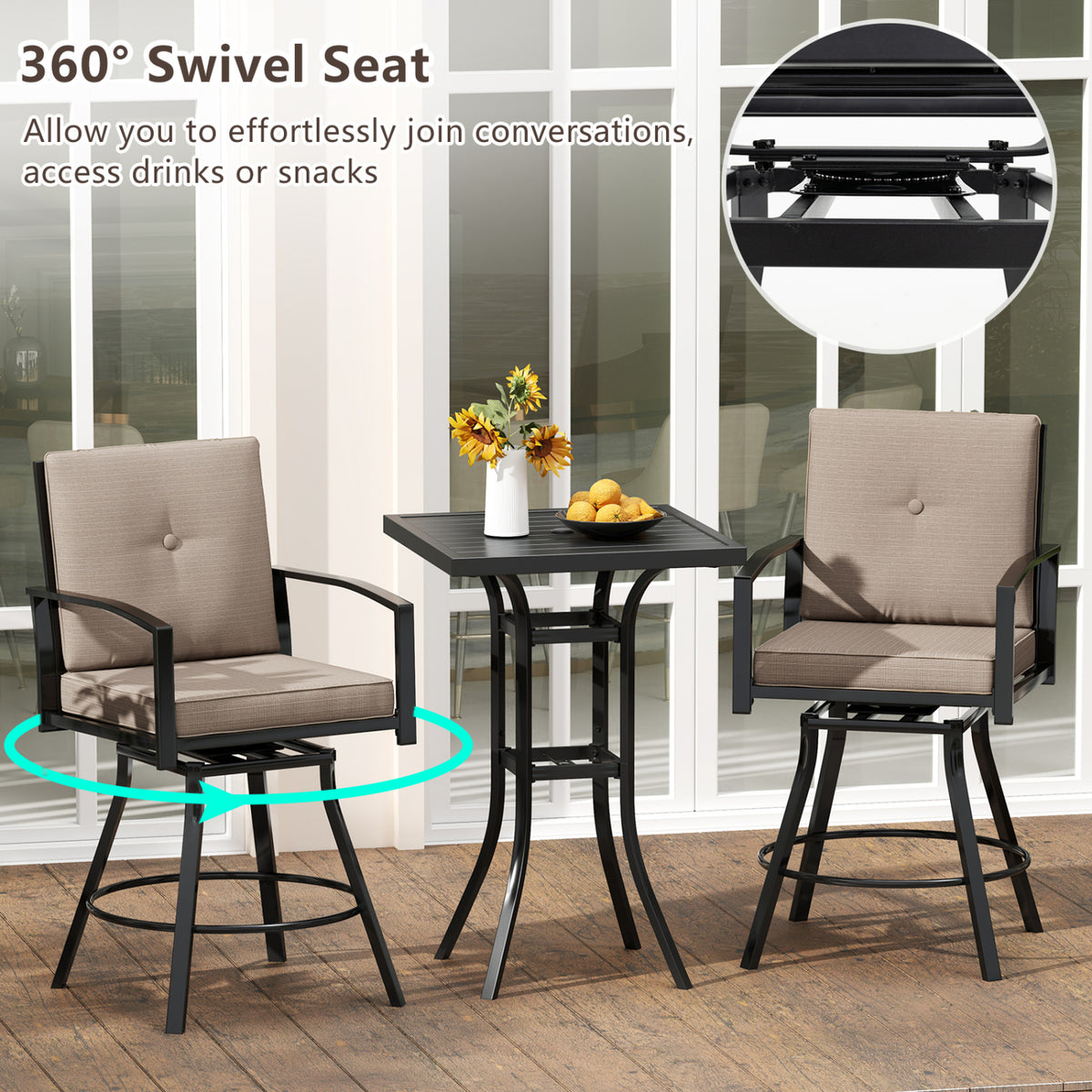 3 Pieces Patio Swivel Bar Set with Soft Cushions and Umbrella Hole