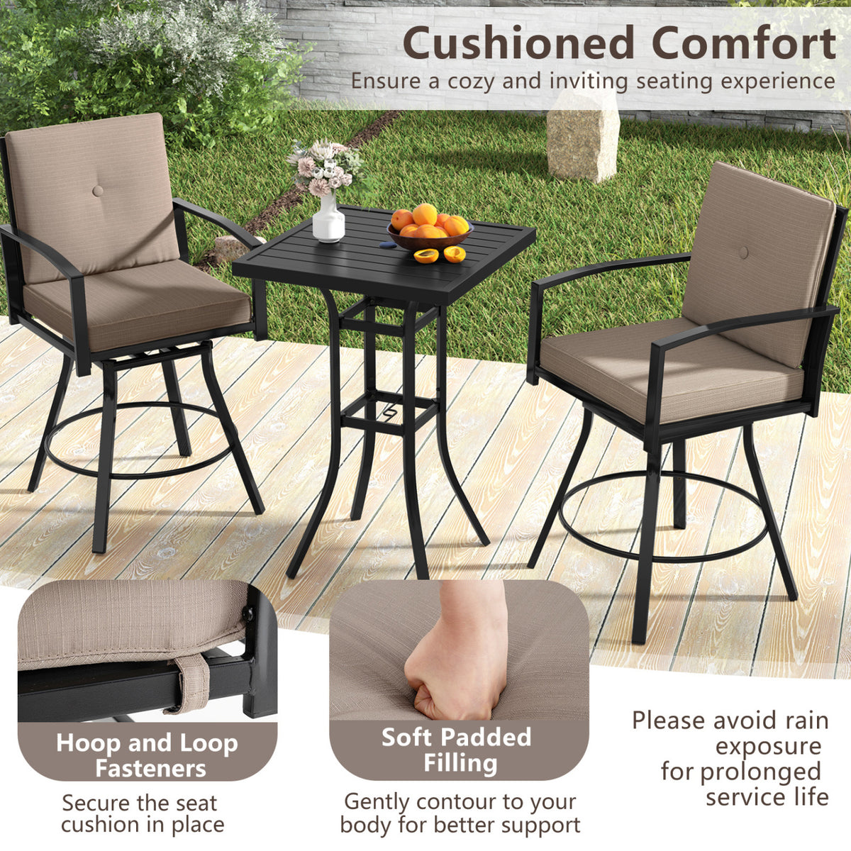 3 Pieces Patio Swivel Bar Set with Soft Cushions and Umbrella Hole