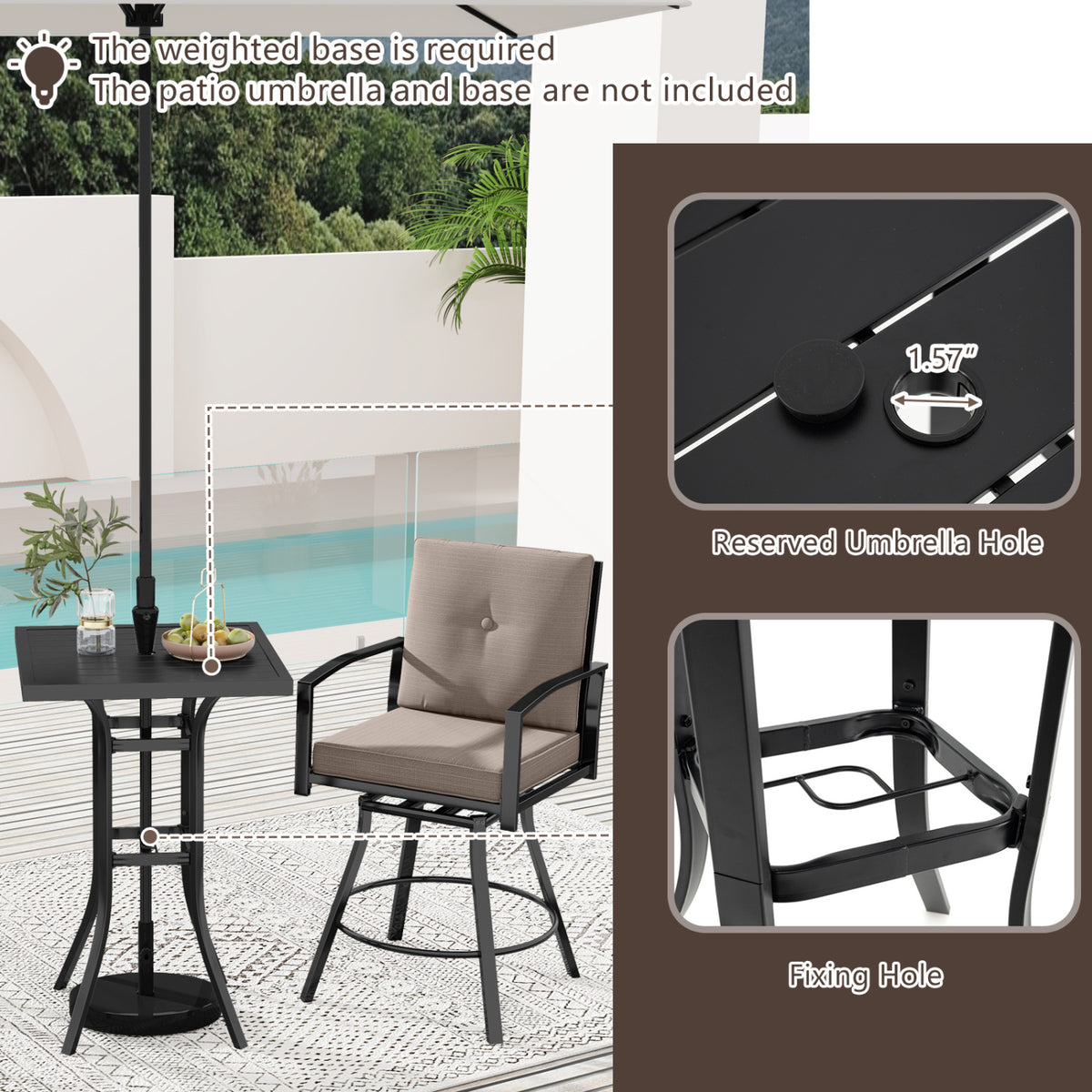 3 Pieces Patio Swivel Bar Set with Soft Cushions and Umbrella Hole