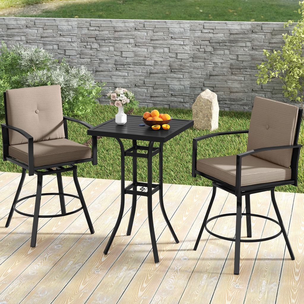3-Piece Patio Bar Set with Swivel Stools, Cushions & Umbrella Hole - Beige