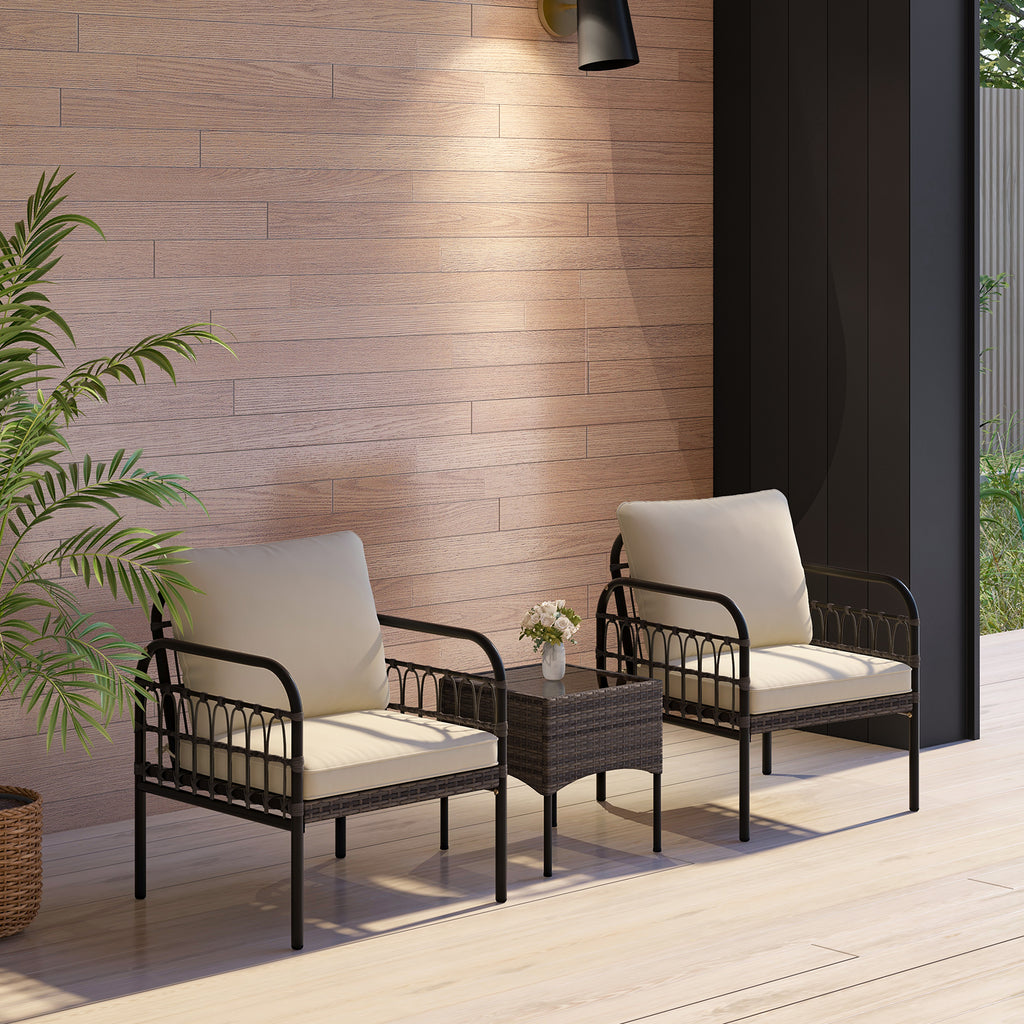 3 Pieces Patio Wicker Conversation Set with Cushions and Tempered