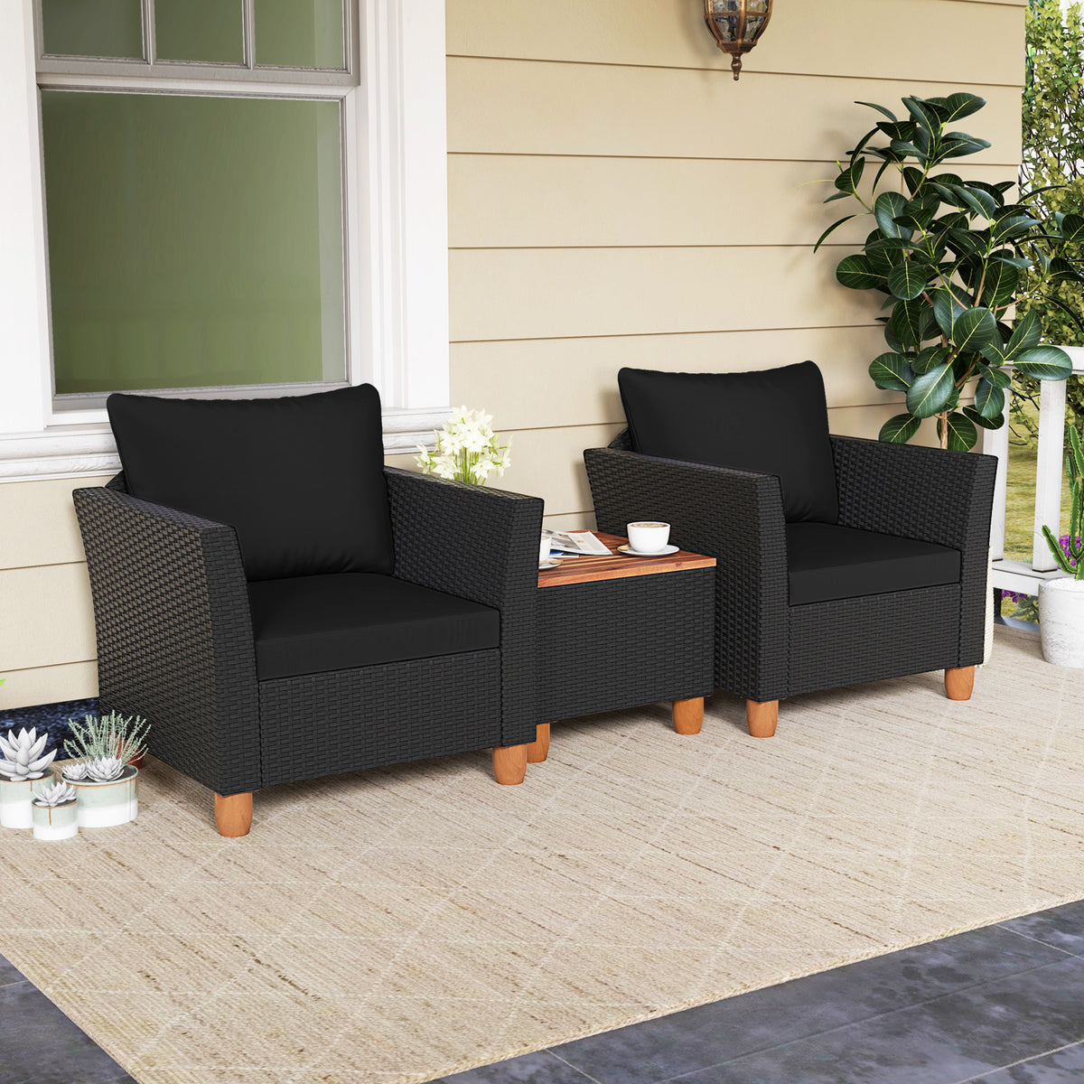 3-Piece Patio Wicker Furniture Set with Cushions & Acacia Coffee Table - Black Rattan
