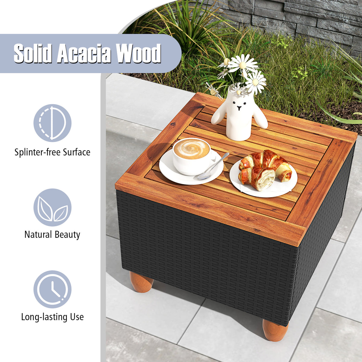 3-Piece Patio Wicker Furniture Set with Cushions & Acacia Coffee Table - Black Rattan